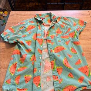 Arizona Jean Company Aqua Shirt with Coral Watermelon Print
